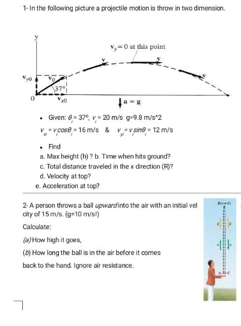 Solved 1- In the following picture a projectile motion is | Chegg.com