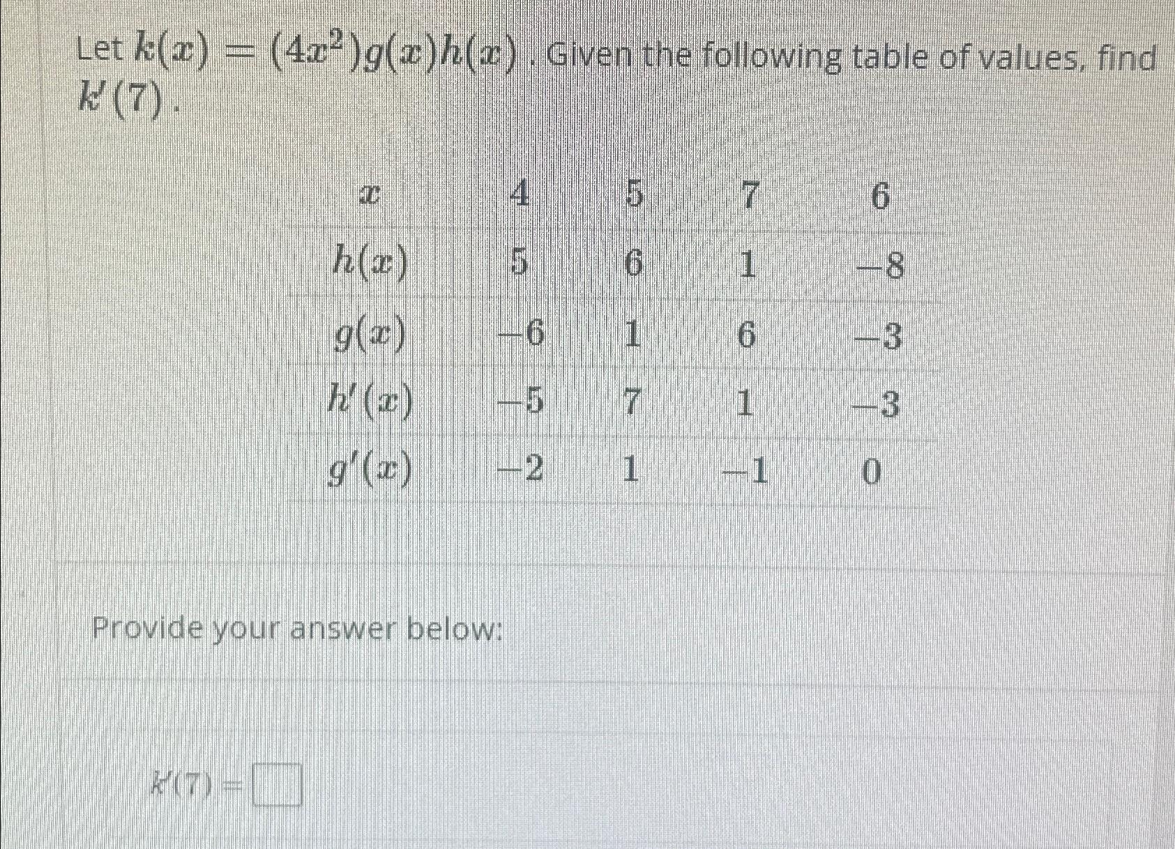 Solved Let K(x)=(4x2)g(x)h(x). ﻿Given The Following Table Of | Chegg.com