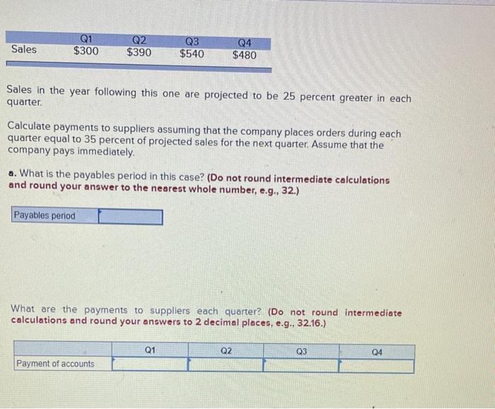 Sales in the year following this one are projected to be 25 percent greater in each quarter.

Calculate payments to suppliers