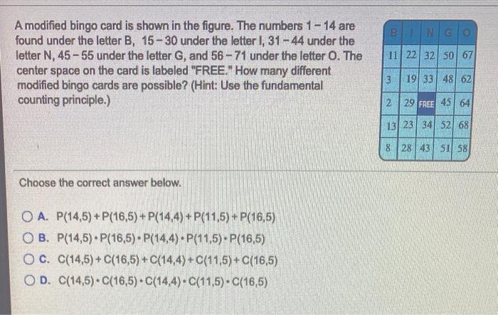 Solved BINGO 11 22 32 50 67 A modified bingo card is shown | Chegg.com