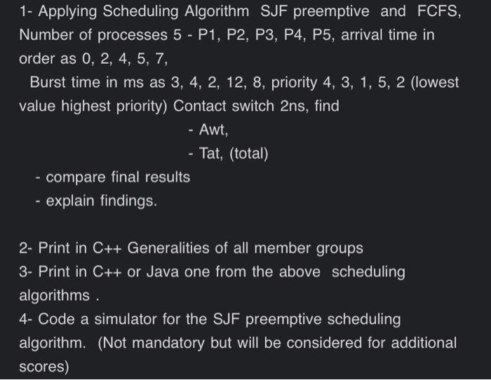 Solved 1- Applying Scheduling Algorithm SJF preemptive and | Chegg.com