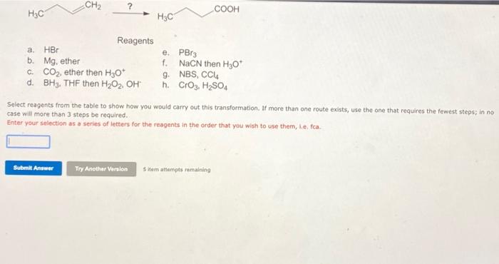 Solved CH2 ? COOH НЫС H3C Reagents a HBO b. Mg, ether C. | Chegg.com