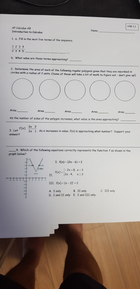 Solved HW 1.1 AP Calculus AB Introduction to Calculus Name | Chegg.com