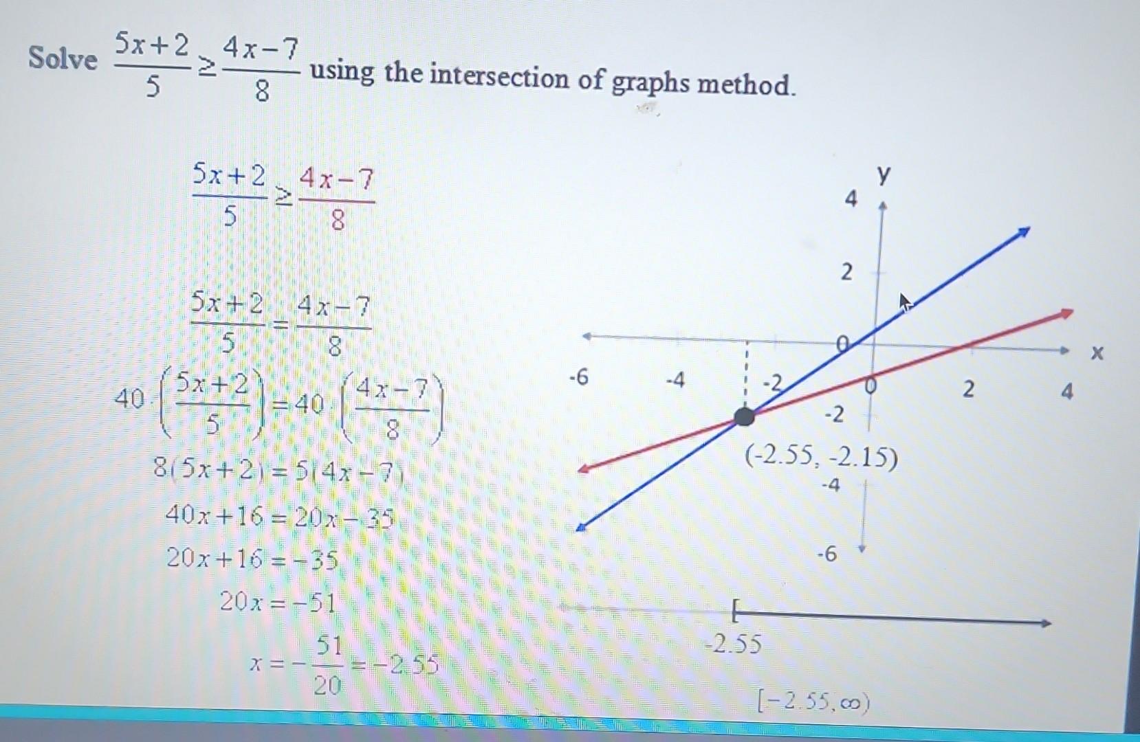 Solved Solve 55x+2≥84x−7 using the intersection of graphs | Chegg.com