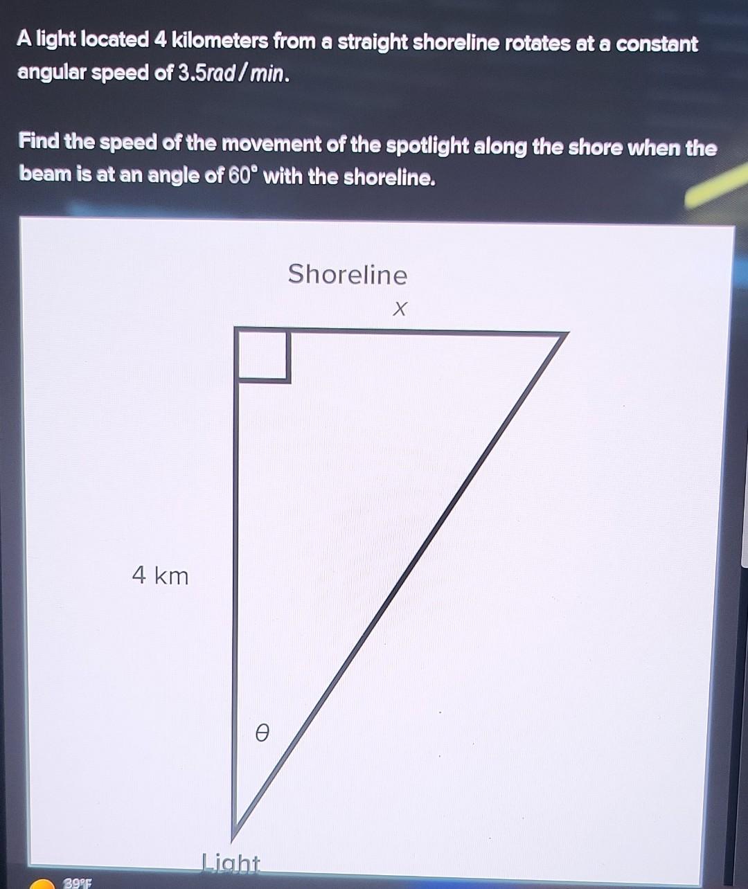 Solved A light located 4 kilometers from a straight