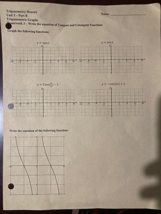 Trigonometry Honors
Unit 3 - Part B
Name:
Trigonometric Graphs
Wemework 3 - Write the equation of Tangent and Cotangent Funct