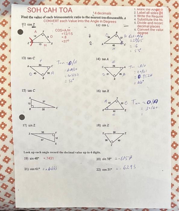 Solved SOH CAH TOA 14 decimals 1. mark the ange o 2 Label | Chegg.com