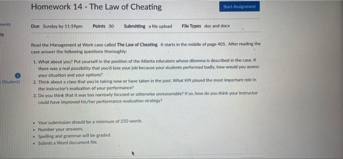 Solved Homework 14 - The Law of Cheating Start Assignment | Chegg.com
