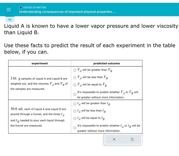 Liquid \( A \) is known to have a lower vapor pressure and lower viscosity than Liquid B.

Use these facts to predict the res