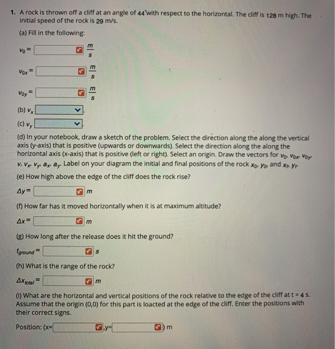 Solved 1. A rock is thrown off a cliff at an angle of 44 | Chegg.com