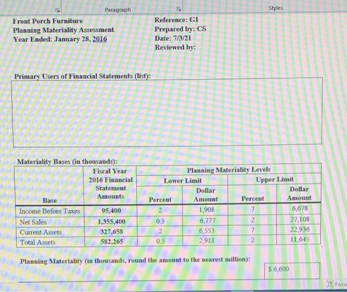 Solved Planning Materiality & Tolerable Misstatement