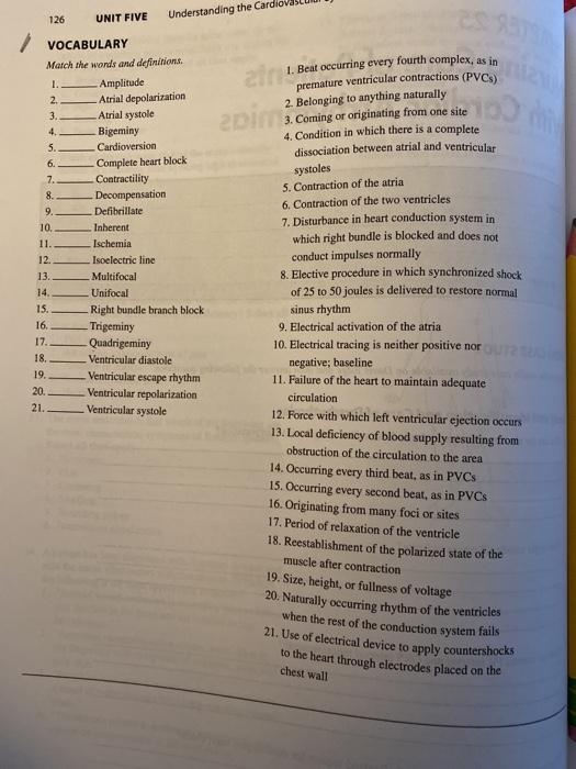 126 UNIT FIVE Understanding the Card 10 2pl VOCABULARY Match the words and definitions. 1 Amplitude 2 Atrial depolarization 3