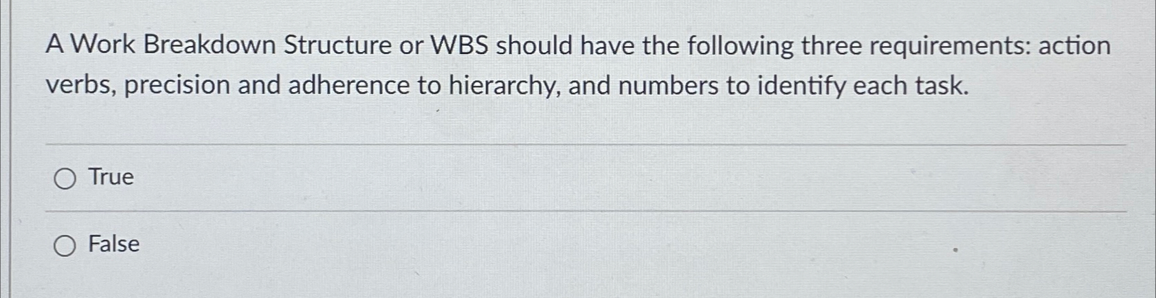 Solved A Work Breakdown Structure or WBS should have the | Chegg.com