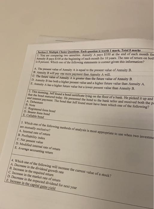 Solved Section 1: Multiple Choice Questions. Each question | Chegg.com