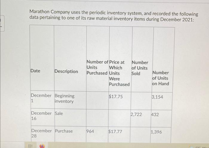 Solved Marathon Company uses the periodic inventory system, | Chegg.com