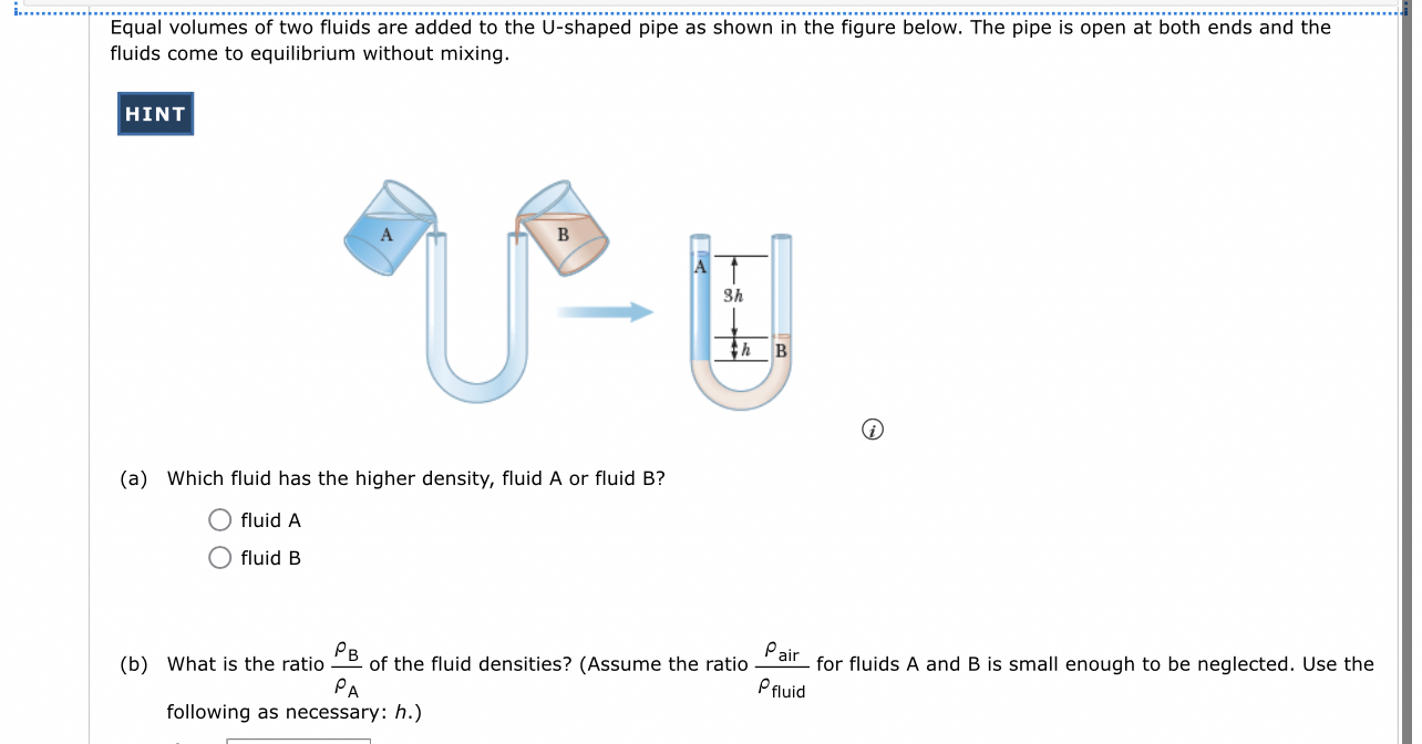 Solved Equal volumes of two fluids are added to the U-shaped | Chegg.com