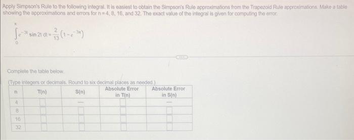 Apply Simpson's Rulo to tho following integral. It is | Chegg.com