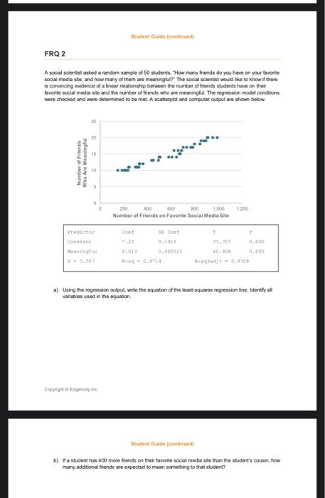 Solved Student Oude and FRQ 2 A social scientist asked a | Chegg.com