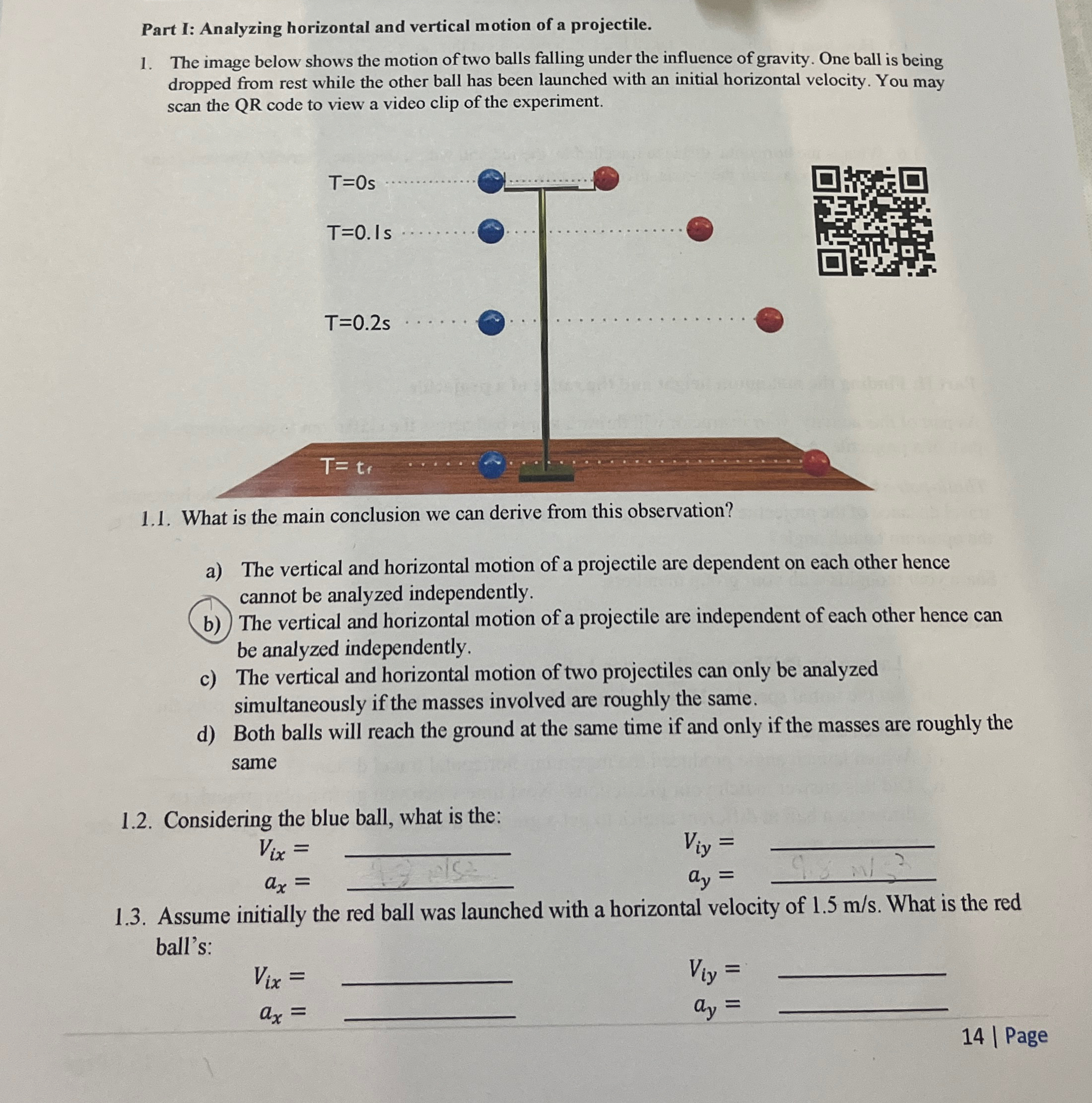 Solved Part I: Analyzing horizontal and vertical motion of a | Chegg.com