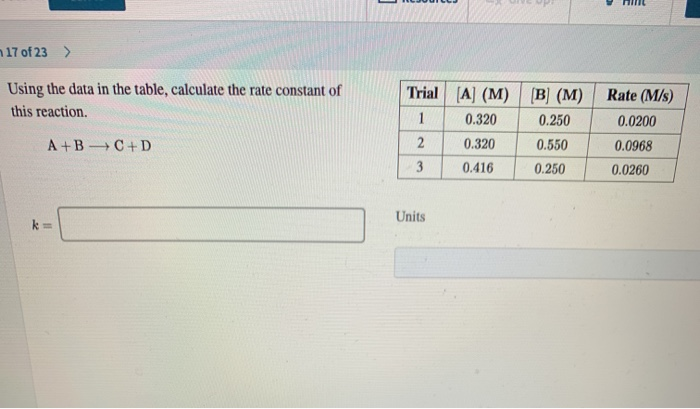 Solved 17 of 23 > Using the data in the table, calculate the | Chegg.com