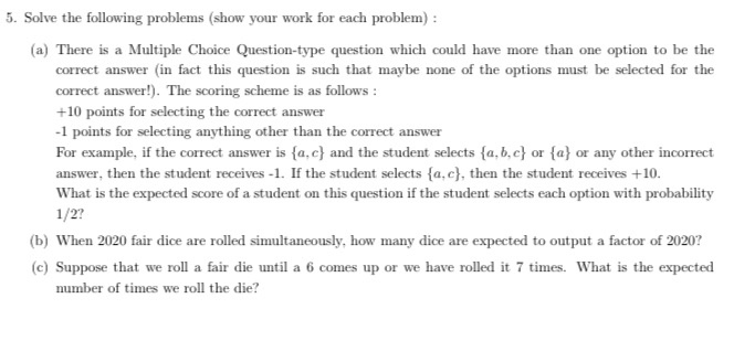 Solved 5. Solve The Following Problems (show Your Work For | Chegg.com