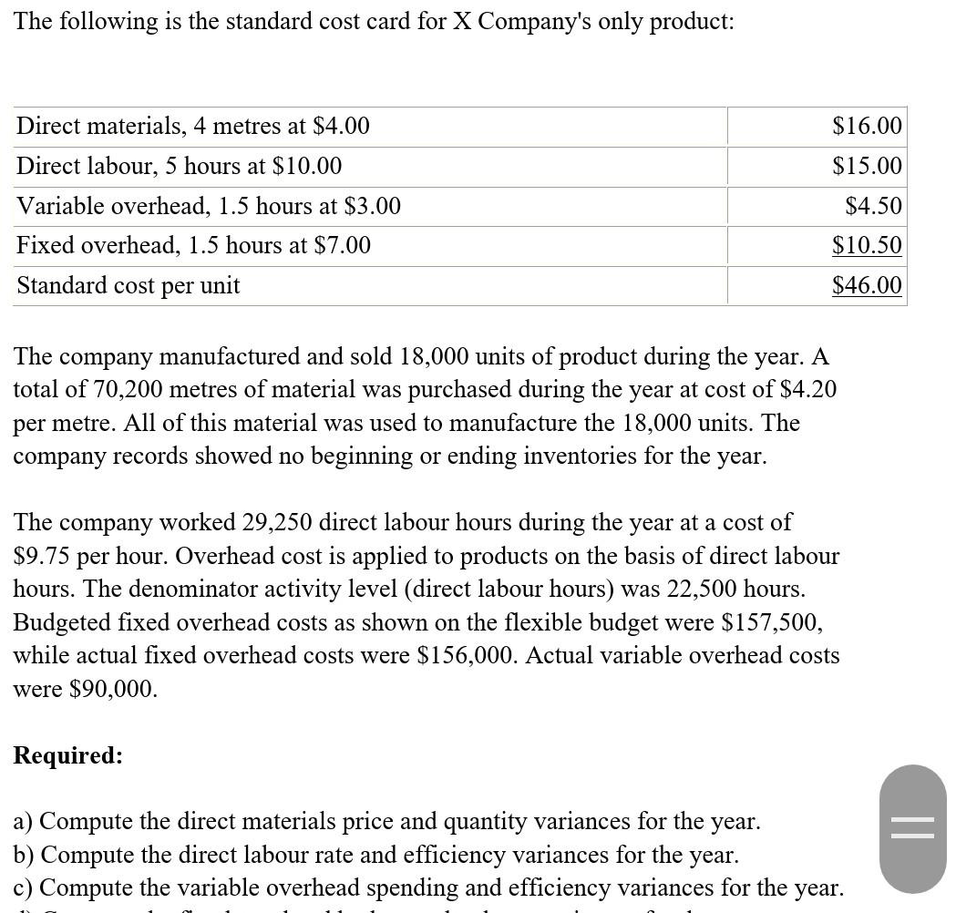 Solved The following is the standard cost card for X | Chegg.com