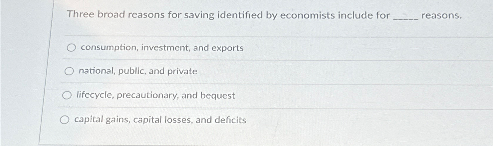 Solved Three broad reasons for saving identified by | Chegg.com