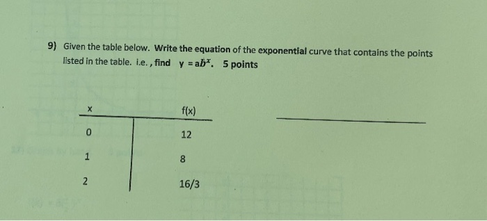 Solved 9) Given the table below. Write the equation of the | Chegg.com