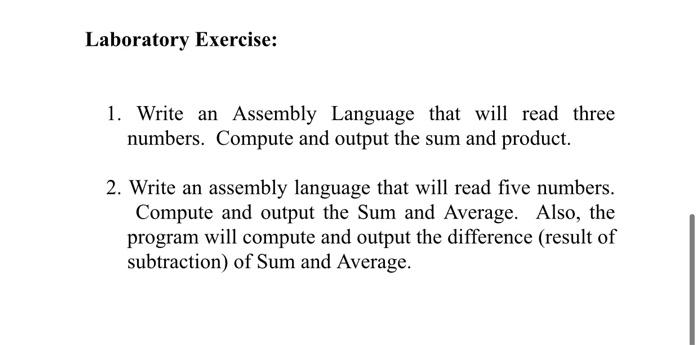 Solved Laboratory Exercise: 1. Write an Assembly Language | Chegg.com
