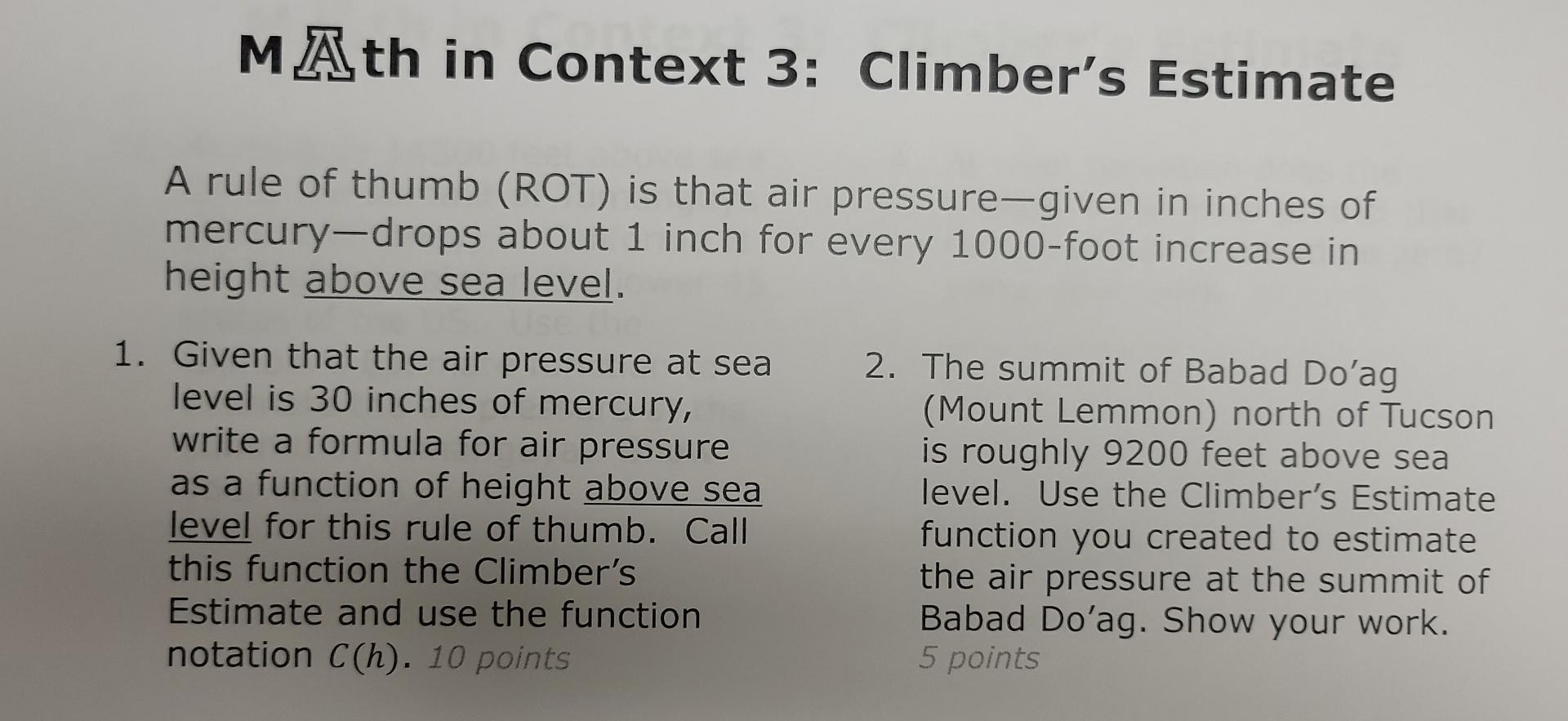 Solved MAth In Context 3: Climber's Estimate 4. At What | Chegg.com