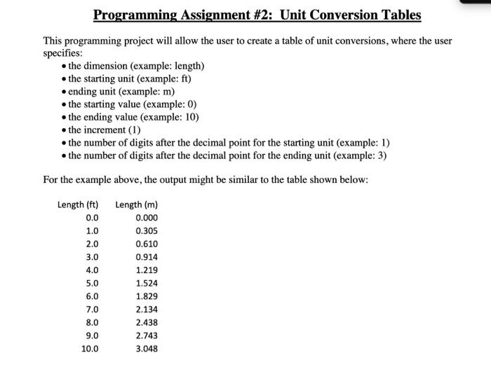 This programming project will allow the user to create a table of unit conversions, where the user specifies:
- the dimension