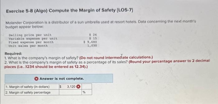 Solved Exercise 5-8 (Algo) Compute the Margin of Safety | Chegg.com