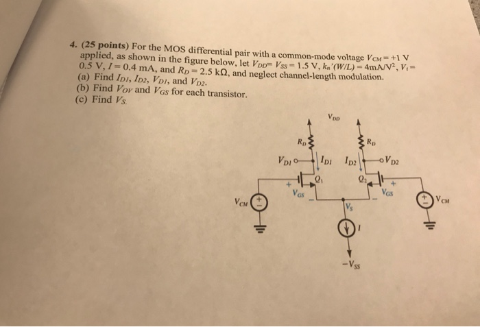Solved 4. (25 points) For the MOS differential pair with a | Chegg.com