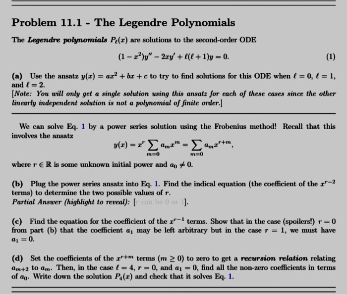 Solved Problem 111 The Legendre Polynomials The Legendre 5855