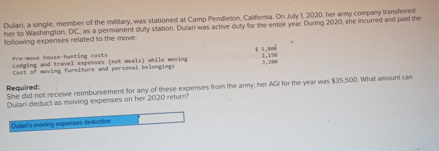 Solved Dulari, a single, member of the military, was