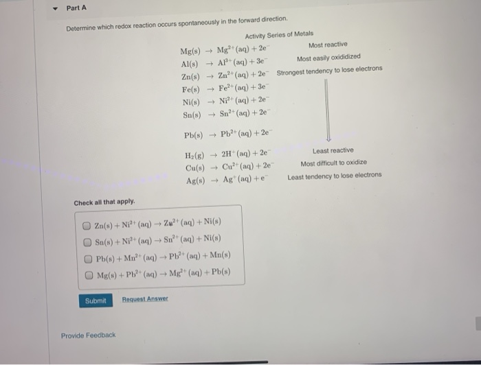 Solved Part A Determine which redox reaction occurs | Chegg.com
