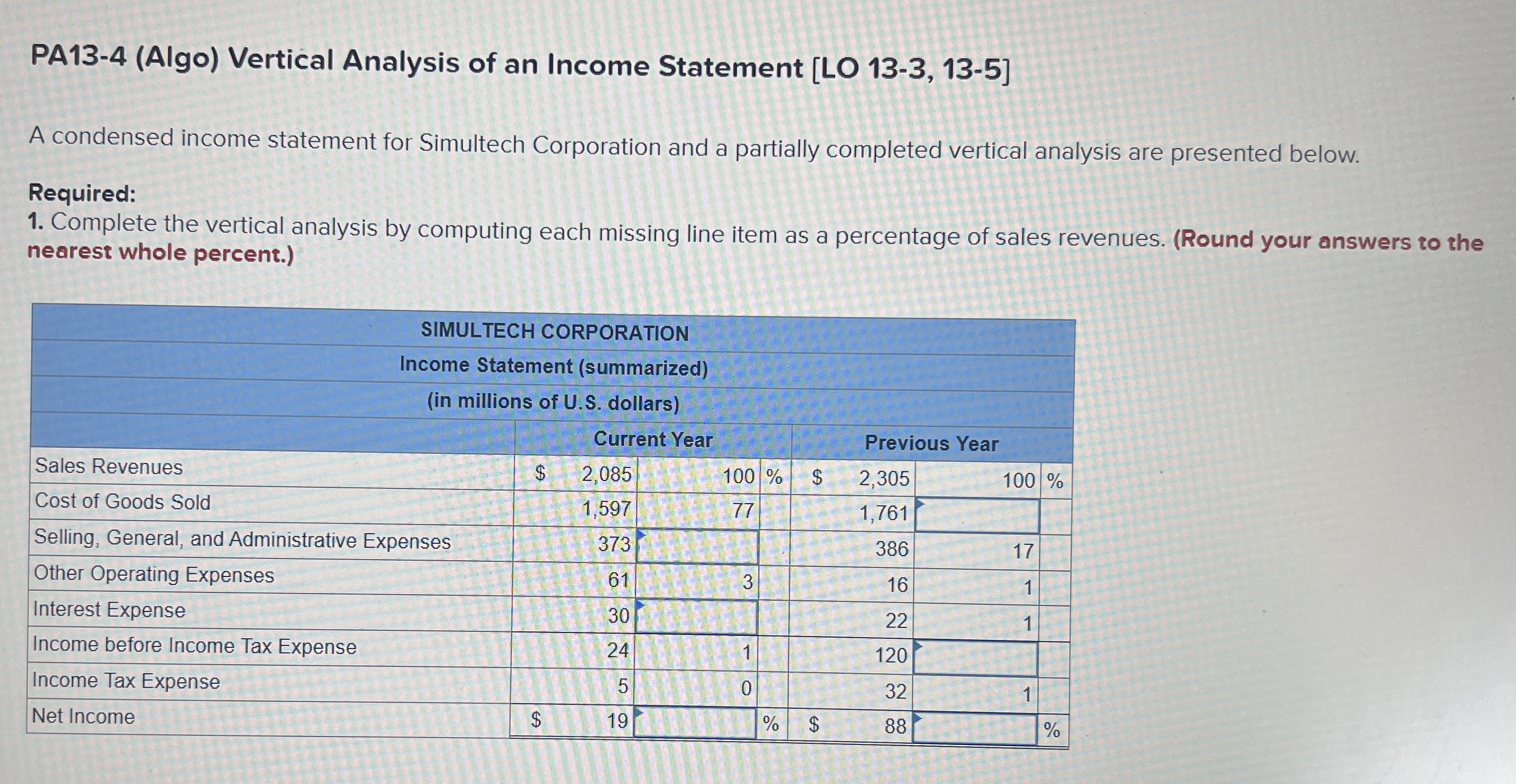Solved PA13-4 (Algo) ﻿Vertical Analysis of an Income | Chegg.com