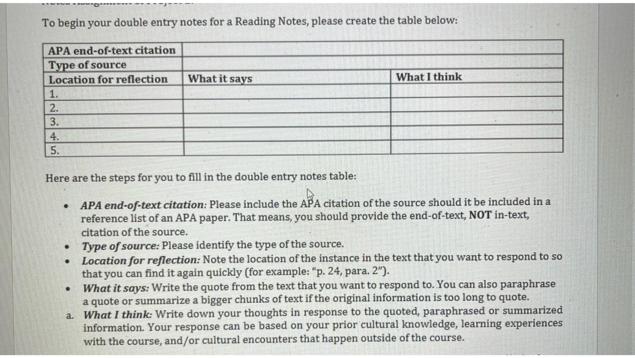 Solved To begin your double entry notes for a Reading Notes, | Chegg.com
