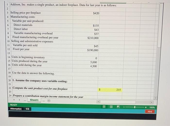 Solved Variable And Absorption Costing Using Excels Sum And 4613