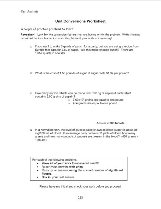 Solved Unit Analysis Unit Conversions Worksheet A couple of | Chegg.com