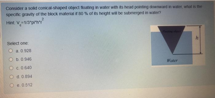 Solved Consider a solid conical-shaped object floating in | Chegg.com