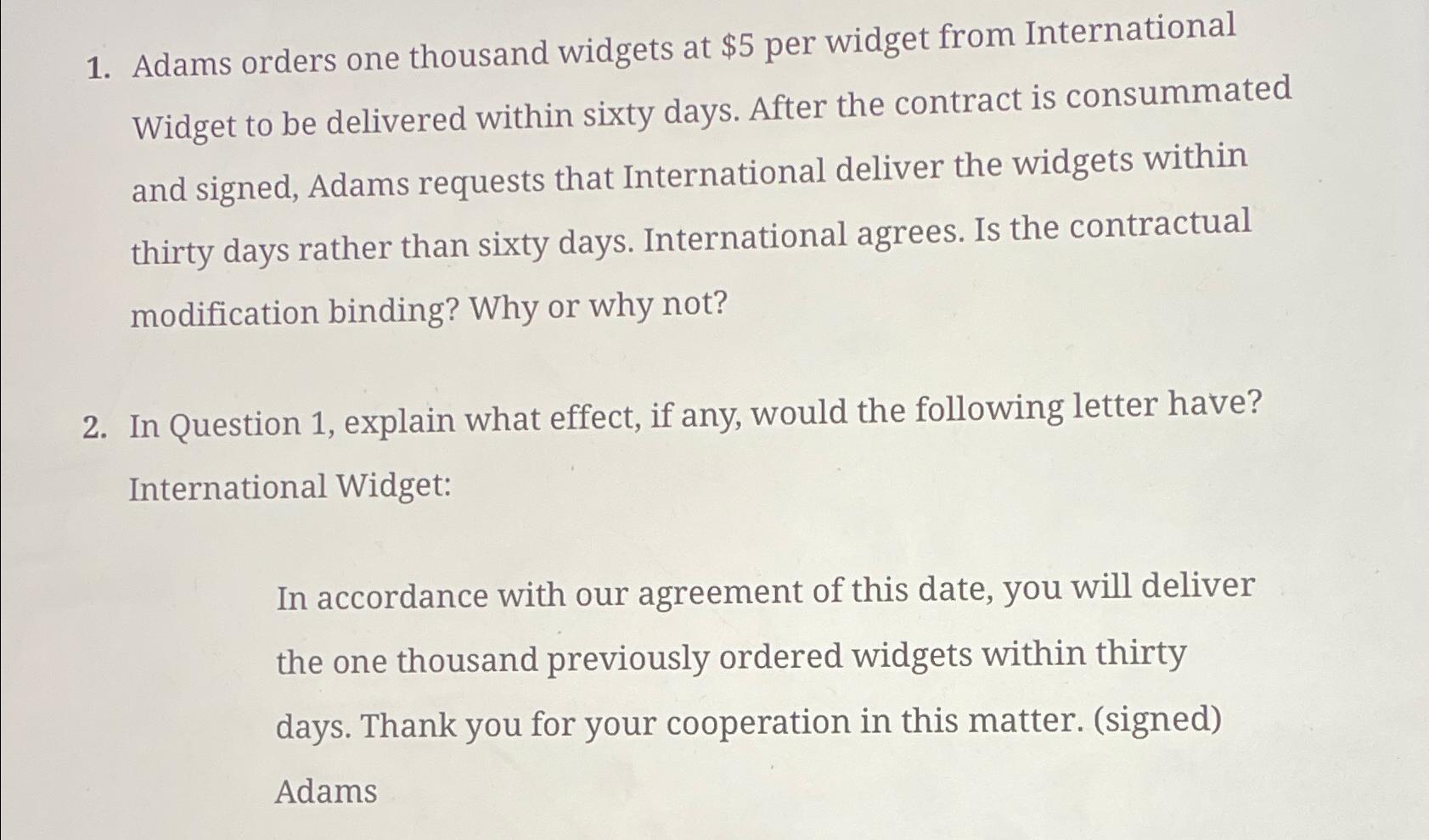 Solved Adams orders one thousand widgets at $5 ﻿per widget | Chegg.com