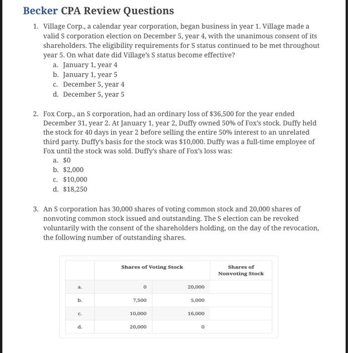 Solved Becker CPA Review Questions 1. Village Corp., a | Chegg.com