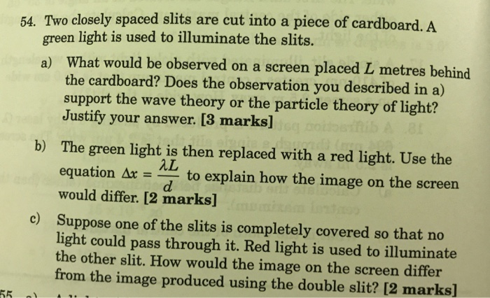 Solved 54 Two Closely Spaced Slits Are Cut Into A Piece Of Chegg Com