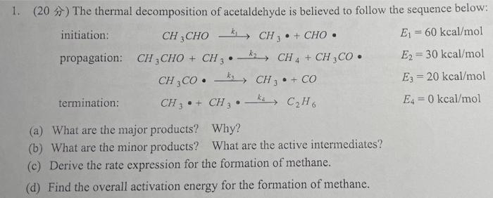 Solved 1. (20) The thermal decomposition of acetaldehyde is | Chegg.com