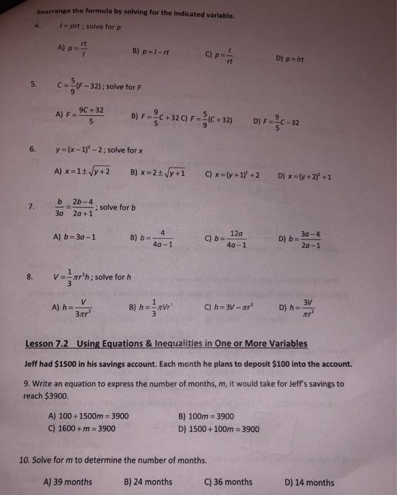 Solved Rearrange The Formula By Solving For The Indicated Chegg Com