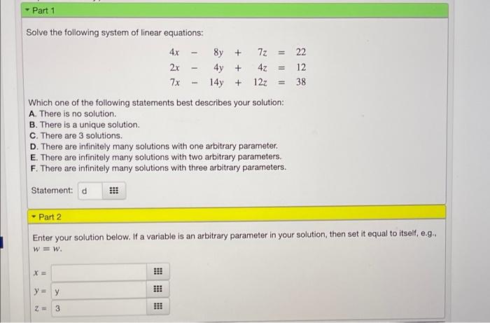 Solved - Part 1 Solve The Following System Of Linear | Chegg.com