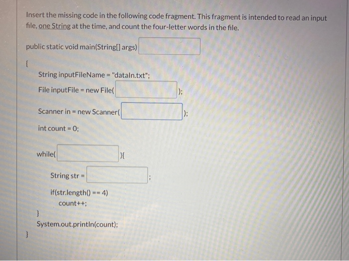 Solved Insert the missing code in the following code | Chegg.com