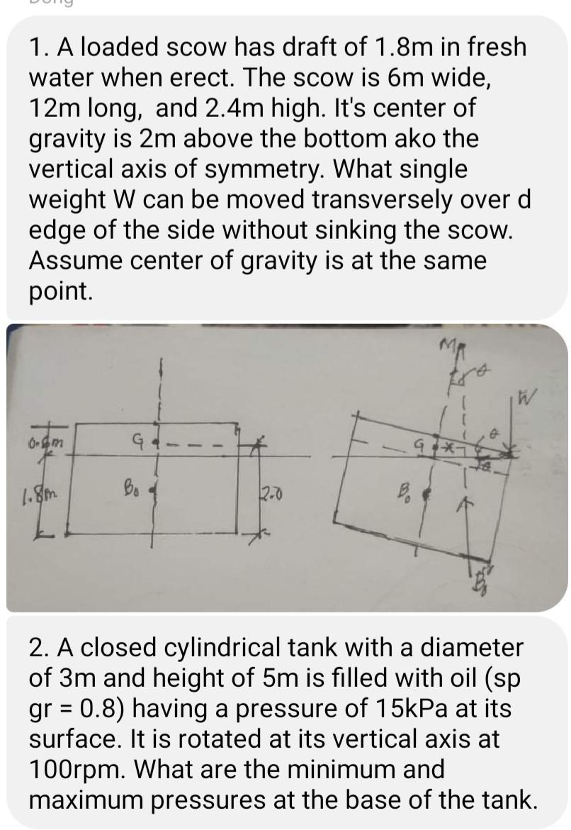 Solved 1. A loaded scow has draft of 1.8m in fresh water | Chegg.com