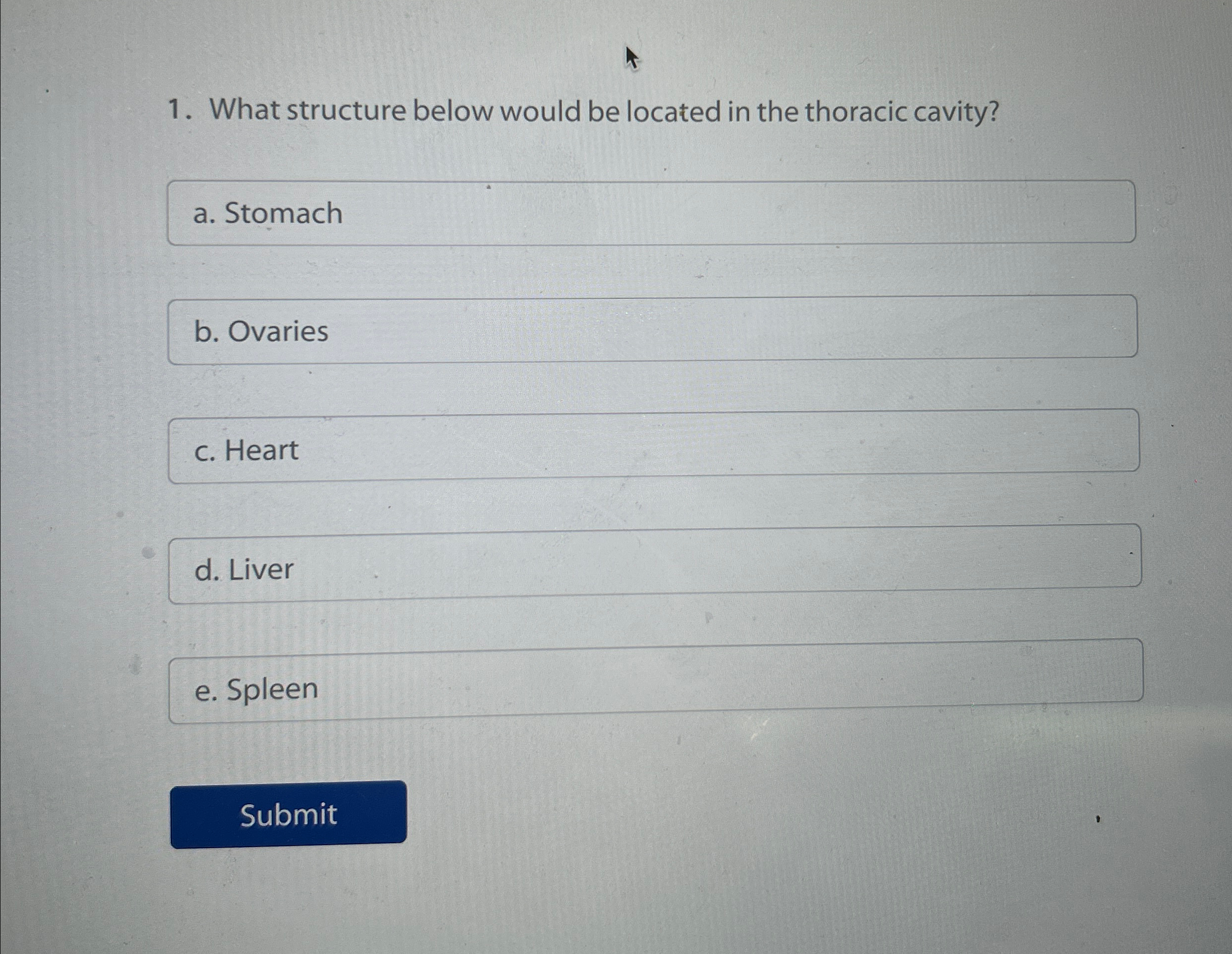 Solved What structure below would be located in the thoracic | Chegg.com